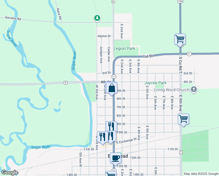 map of restaurants, bars, coffee shops, grocery stores, and more near 407 1st Center Ave in Brodhead