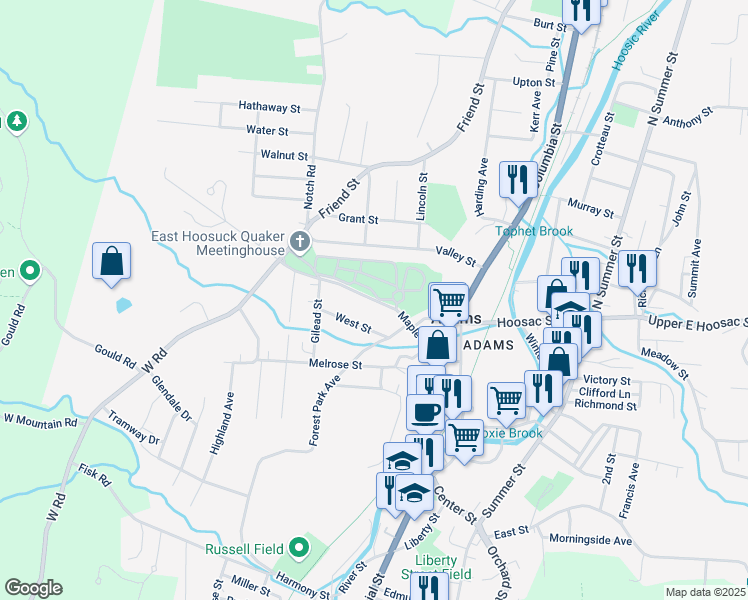 map of restaurants, bars, coffee shops, grocery stores, and more near Maple Street in Adams