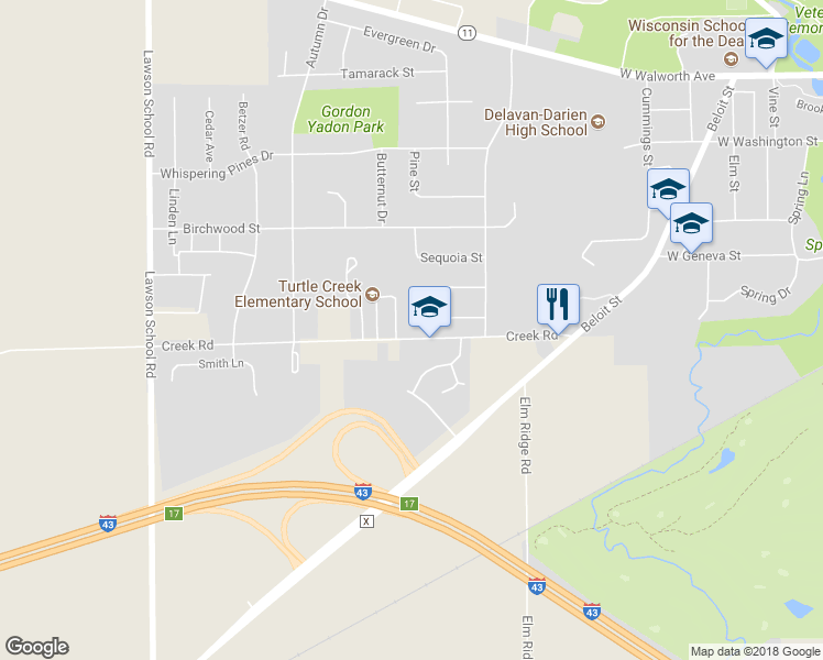 map of restaurants, bars, coffee shops, grocery stores, and more near 1140 Cottonwood Street in Delavan