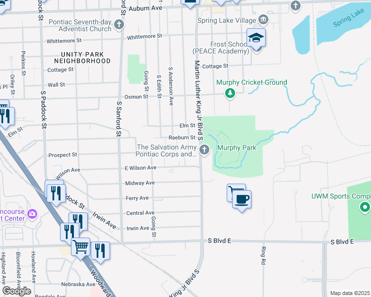 map of restaurants, bars, coffee shops, grocery stores, and more near 450 South Marshall Street in Pontiac