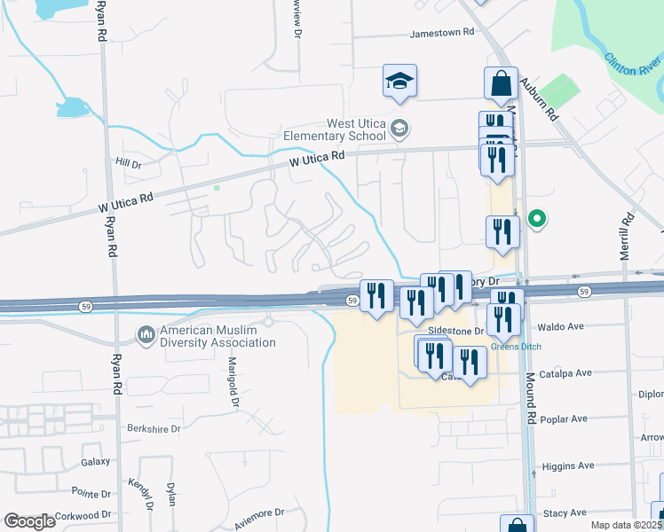 map of restaurants, bars, coffee shops, grocery stores, and more near 45050-45098 Oak Hill Boulevard in Charter Township of Shelby