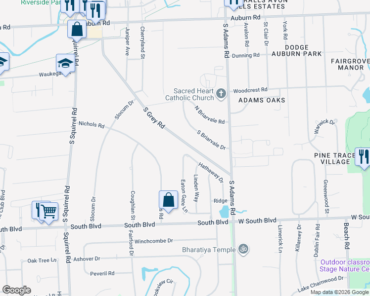 map of restaurants, bars, coffee shops, grocery stores, and more near 3676 Eaton Gate Lane in Auburn Hills