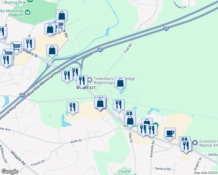 map of restaurants, bars, coffee shops, grocery stores, and more near 25 Rosemary Road in Tewksbury