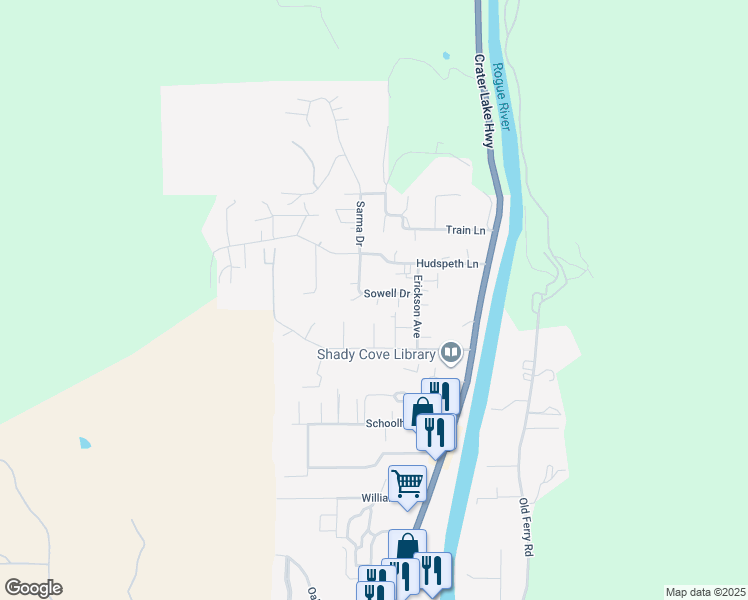 map of restaurants, bars, coffee shops, grocery stores, and more near 294 Sowell Drive in Shady Cove