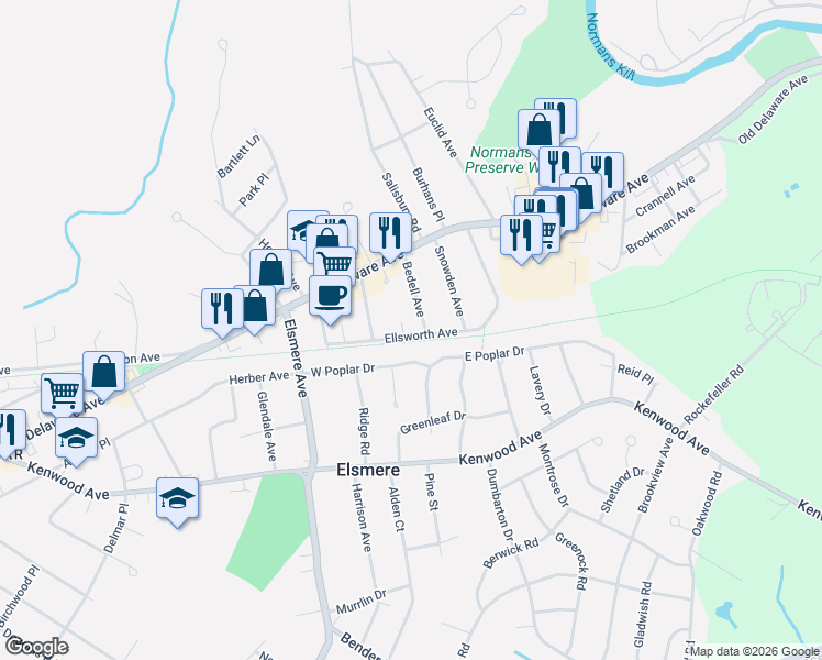 map of restaurants, bars, coffee shops, grocery stores, and more near 28 Ellsworth Avenue in Delmar