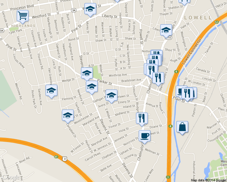 map of restaurants, bars, coffee shops, grocery stores, and more near 32 Frank Terrace in Lowell