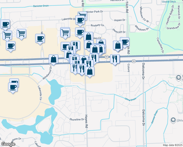map of restaurants, bars, coffee shops, grocery stores, and more near 15300 Hall Road in Clinton Township