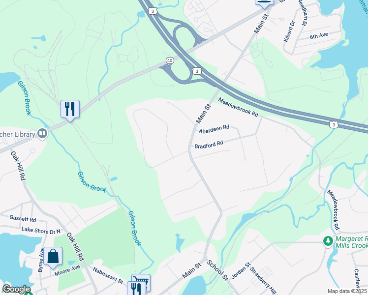 map of restaurants, bars, coffee shops, grocery stores, and more near 118 Main Street in Chelmsford