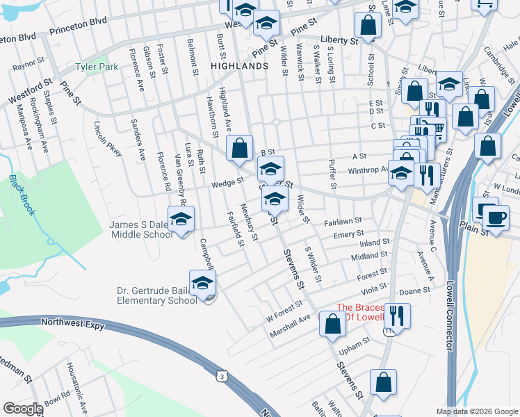 map of restaurants, bars, coffee shops, grocery stores, and more near 24 Fleming Street in Lowell