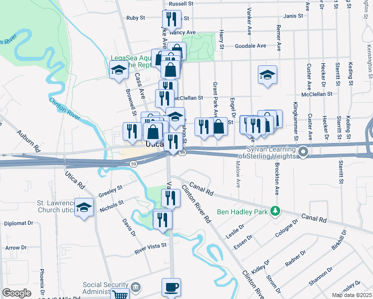 map of restaurants, bars, coffee shops, grocery stores, and more near 8100 Hall Road in Utica