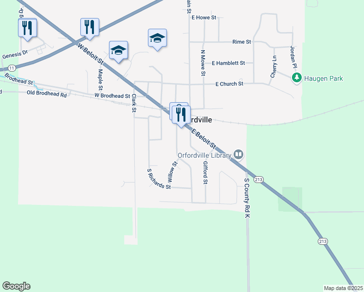 map of restaurants, bars, coffee shops, grocery stores, and more near 205 South Wright Street in Orfordville