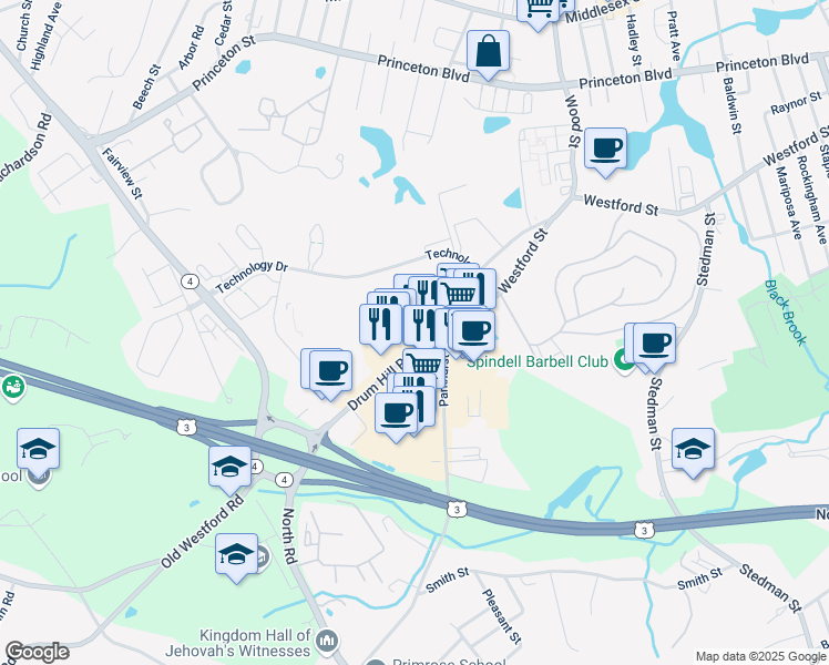 map of restaurants, bars, coffee shops, grocery stores, and more near in Chelmsford
