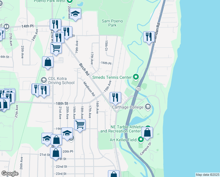 map of restaurants, bars, coffee shops, grocery stores, and more near 1765 15th Avenue in Kenosha
