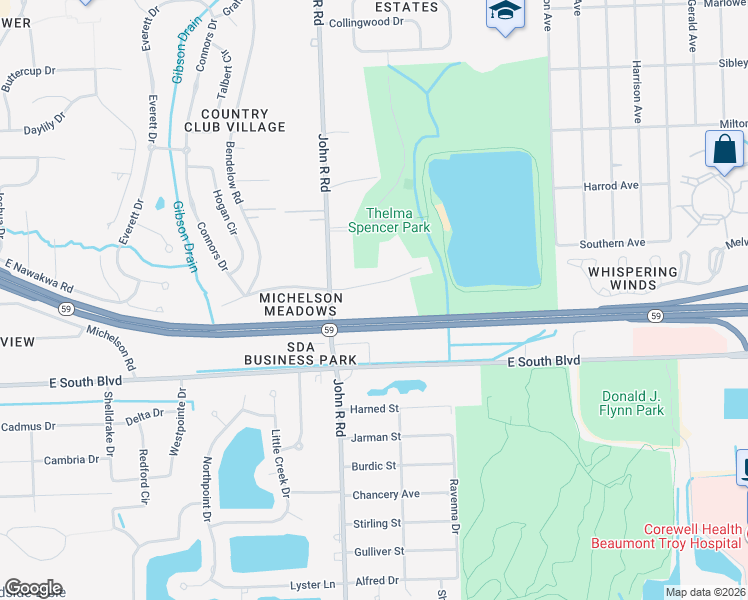 map of restaurants, bars, coffee shops, grocery stores, and more near 1106 Michelson Road in Rochester Hills