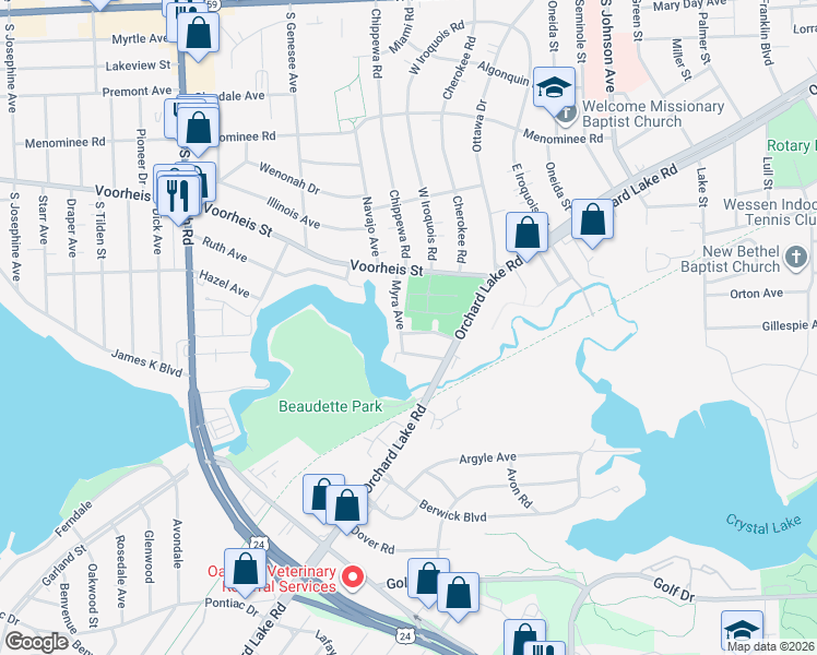 map of restaurants, bars, coffee shops, grocery stores, and more near 52 Edward Street in Pontiac