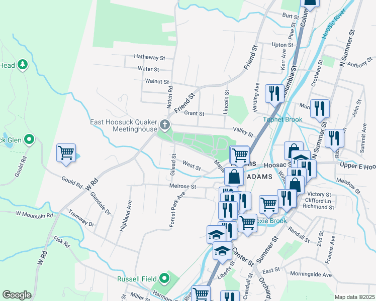 map of restaurants, bars, coffee shops, grocery stores, and more near 15.5 West St in Adams