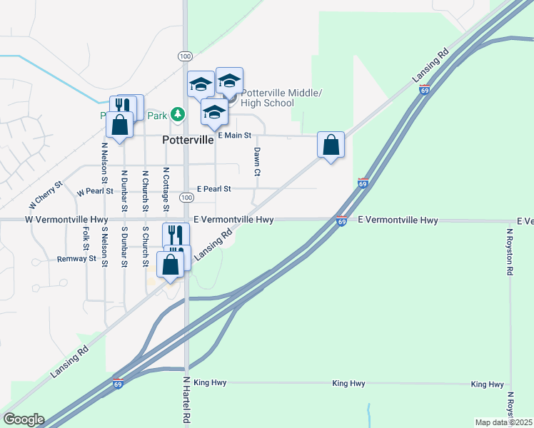 map of restaurants, bars, coffee shops, grocery stores, and more near 485 East Vermontville Highway in Potterville