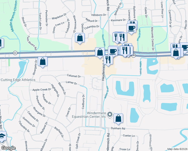map of restaurants, bars, coffee shops, grocery stores, and more near 20390 Villa Grande Circle in Macomb County