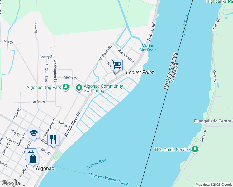 map of restaurants, bars, coffee shops, grocery stores, and more near 2002 East Park Drive in Algonac