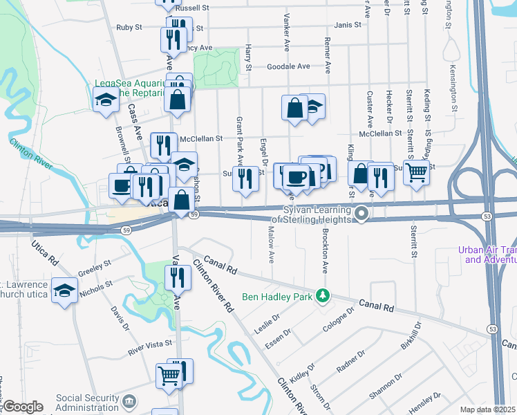 map of restaurants, bars, coffee shops, grocery stores, and more near in Utica