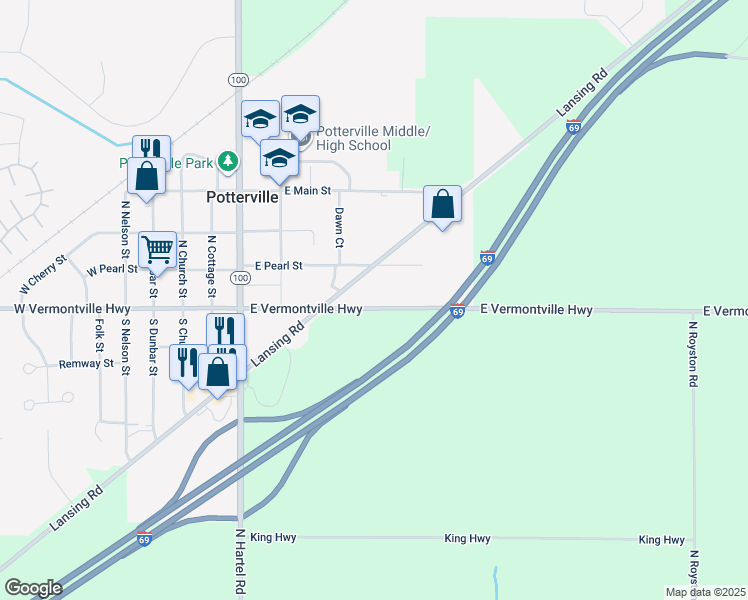 map of restaurants, bars, coffee shops, grocery stores, and more near 485 East Vermontville Highway in Potterville