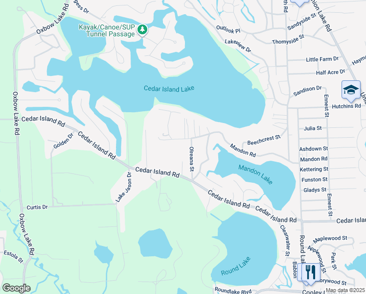 map of restaurants, bars, coffee shops, grocery stores, and more near 9842 Cedar Island Road in White Lake charter Township