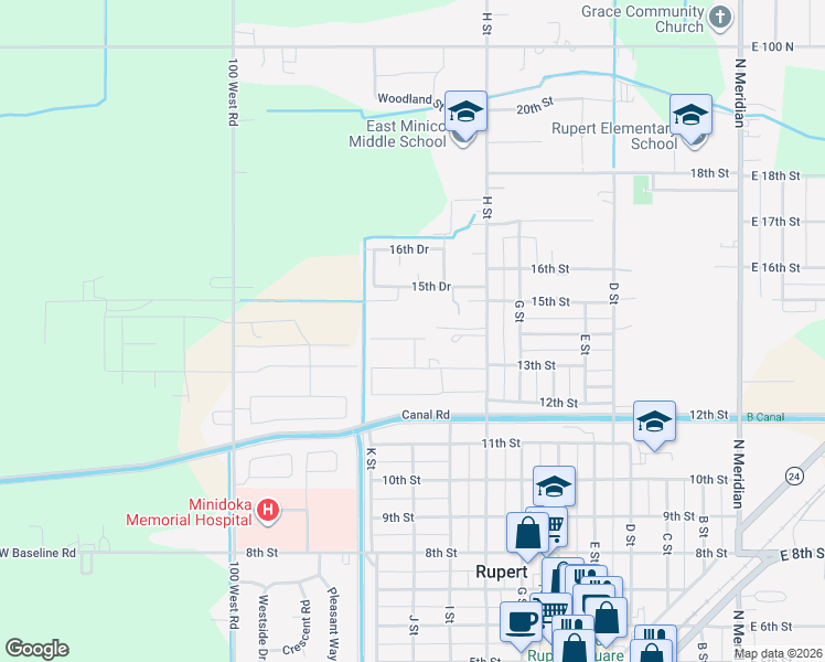 map of restaurants, bars, coffee shops, grocery stores, and more near 915 13th Street in Rupert