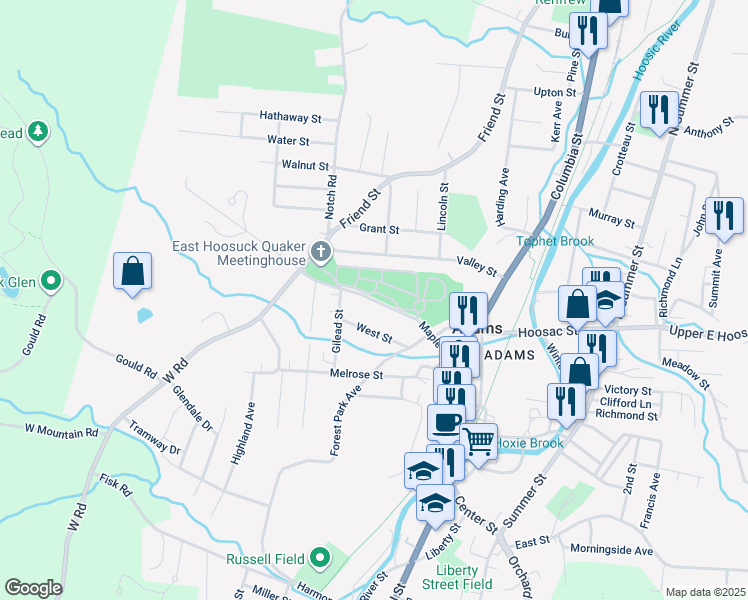 map of restaurants, bars, coffee shops, grocery stores, and more near Maple Street in Adams
