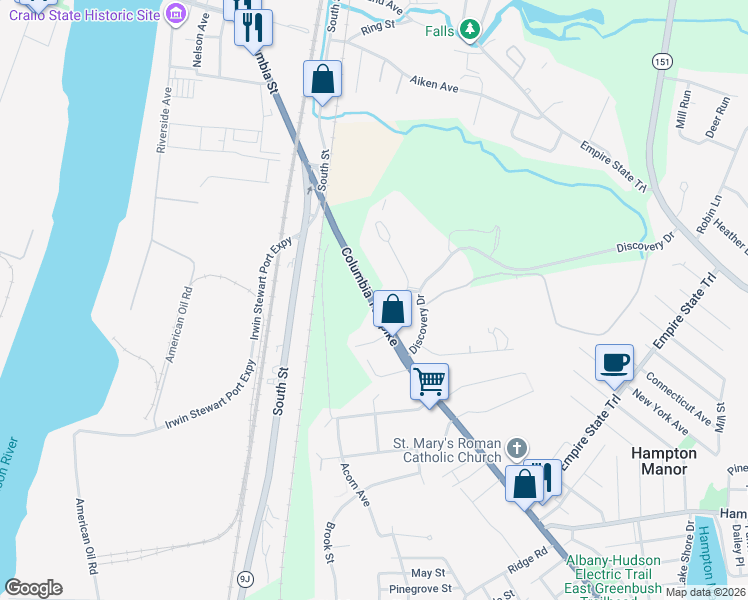 map of restaurants, bars, coffee shops, grocery stores, and more near 96 Columbia Turnpike in Rensselaer