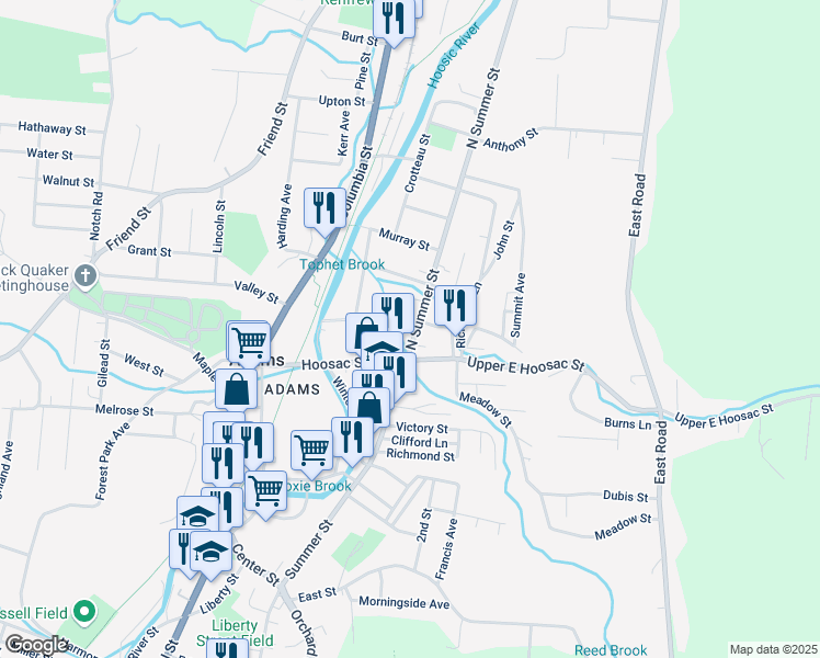 map of restaurants, bars, coffee shops, grocery stores, and more near 4 North Summer Street in Adams