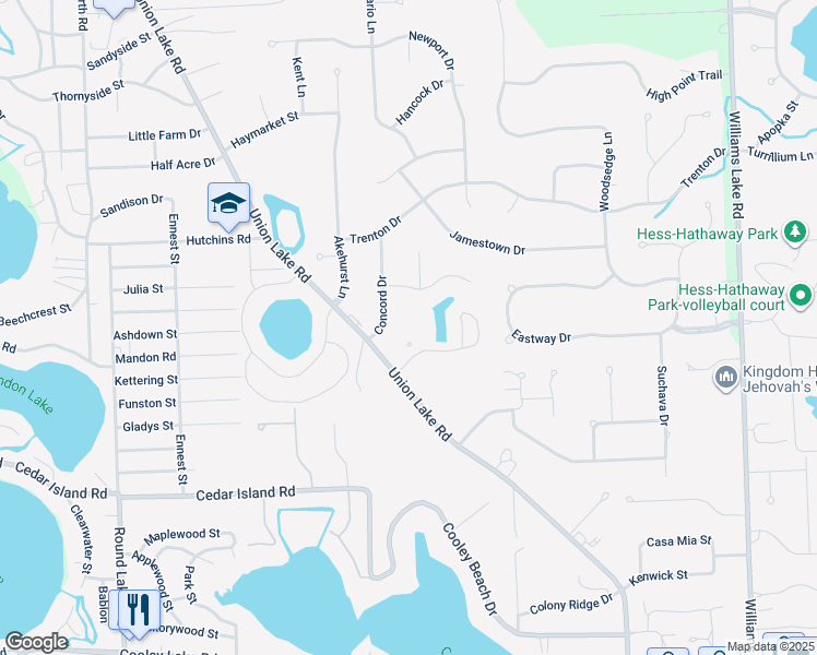 map of restaurants, bars, coffee shops, grocery stores, and more near 935 Union Lake Road in Oakland County