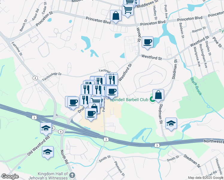 map of restaurants, bars, coffee shops, grocery stores, and more near 85 Parkhurst Road in Chelmsford