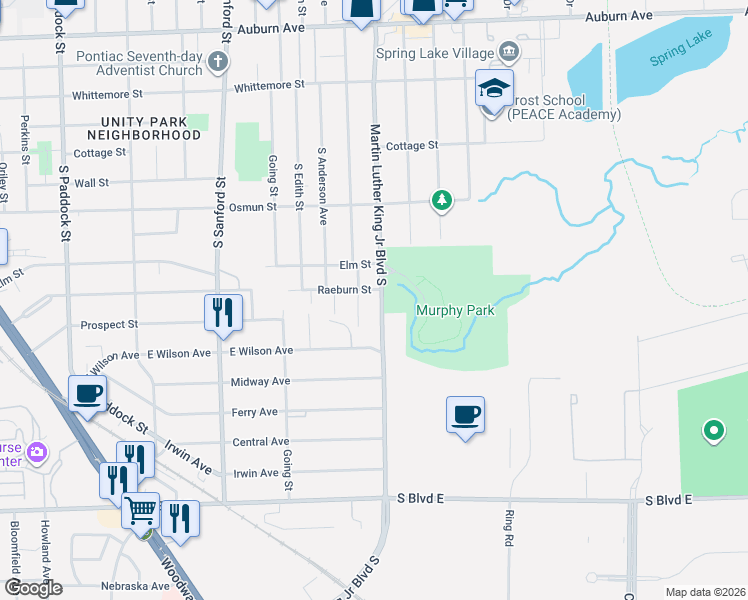 map of restaurants, bars, coffee shops, grocery stores, and more near 454 South Marshall Street in Pontiac