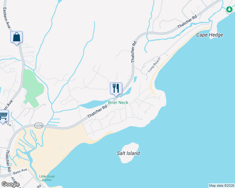 map of restaurants, bars, coffee shops, grocery stores, and more near 147 Thatcher Road in Gloucester