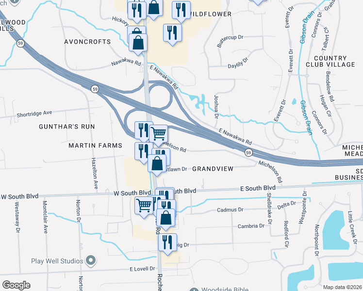 map of restaurants, bars, coffee shops, grocery stores, and more near 140 Michelson Road in Rochester Hills