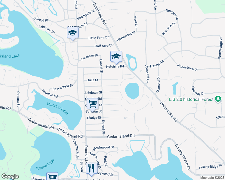 map of restaurants, bars, coffee shops, grocery stores, and more near 9050 Mandon Road in White Lake charter Township