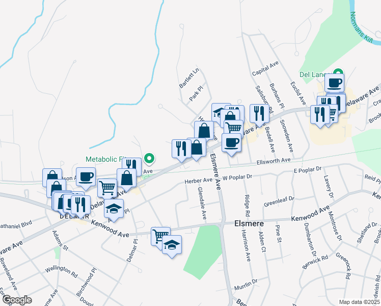 map of restaurants, bars, coffee shops, grocery stores, and more near 266 Delaware Avenue in Delmar