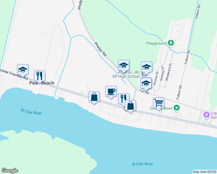 map of restaurants, bars, coffee shops, grocery stores, and more near 5460 Pointe Tremble Road in Algonac