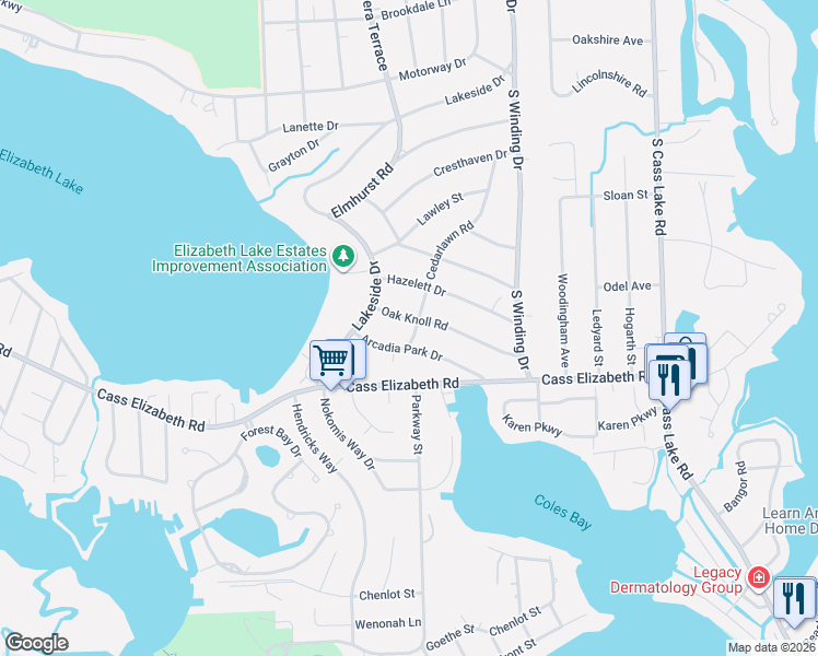 map of restaurants, bars, coffee shops, grocery stores, and more near 4033 Arcadia Park Drive in Waterford Township