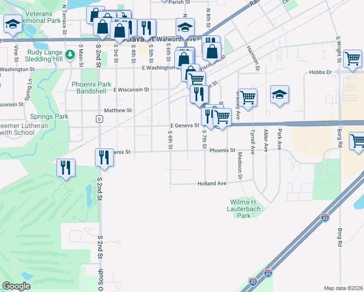 map of restaurants, bars, coffee shops, grocery stores, and more near 604 Herman Street in Delavan