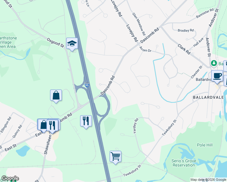 map of restaurants, bars, coffee shops, grocery stores, and more near 5 Cardinal Lane in Andover