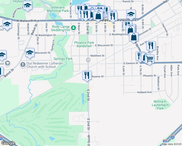 map of restaurants, bars, coffee shops, grocery stores, and more near 602 County Road O in Delavan