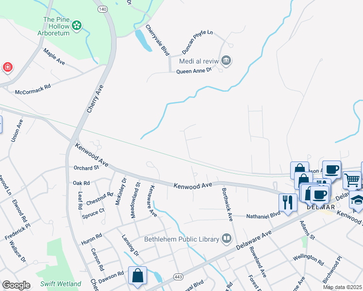 map of restaurants, bars, coffee shops, grocery stores, and more near 20 Gardner Terrace in Delmar