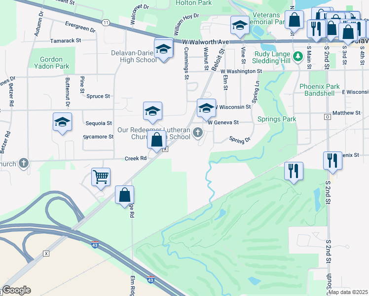 map of restaurants, bars, coffee shops, grocery stores, and more near 453 Beloit Street in Delavan