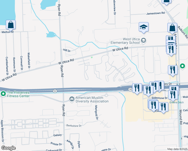 map of restaurants, bars, coffee shops, grocery stores, and more near 45096 Elmhurst Court in Shelby Township