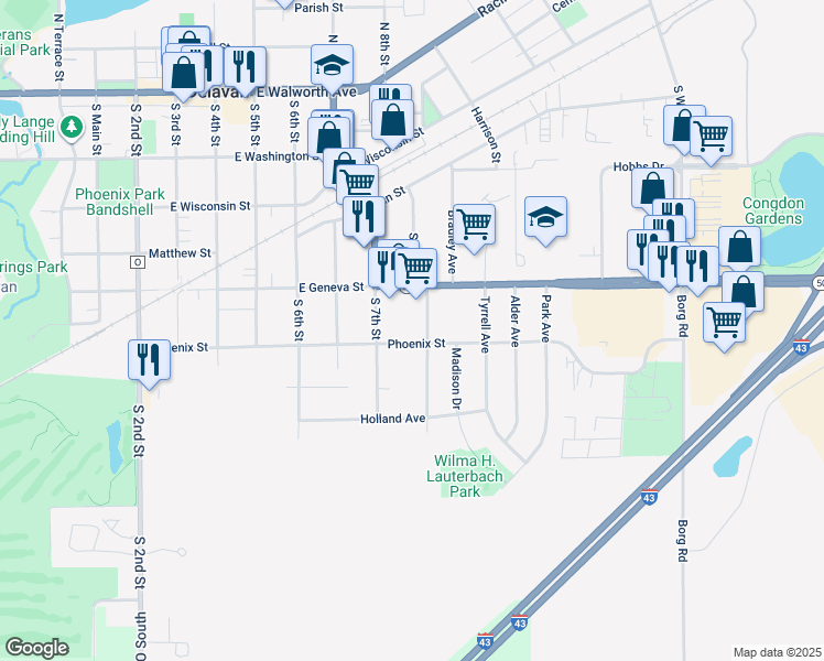 map of restaurants, bars, coffee shops, grocery stores, and more near 716 Phoenix Street in Delavan