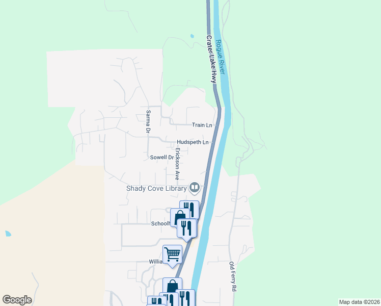 map of restaurants, bars, coffee shops, grocery stores, and more near 20 Dion Court in Shady Cove