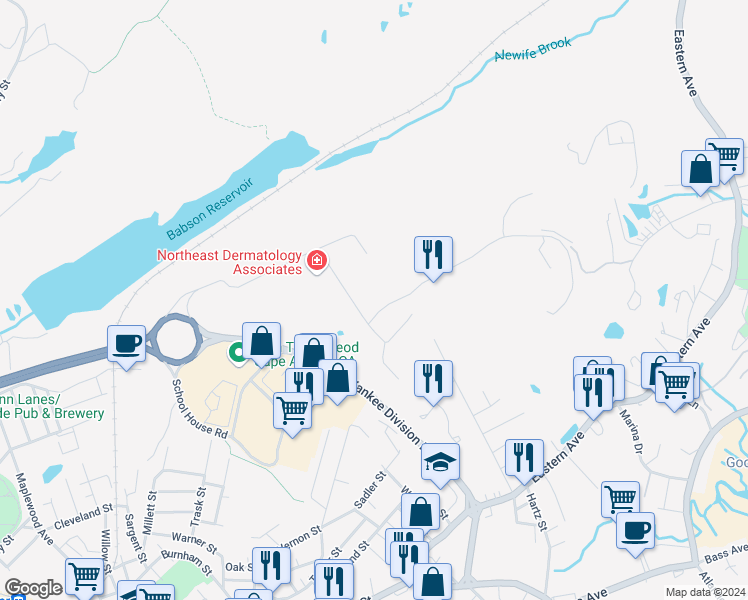 map of restaurants, bars, coffee shops, grocery stores, and more near 22 Blackburn Drive in Gloucester