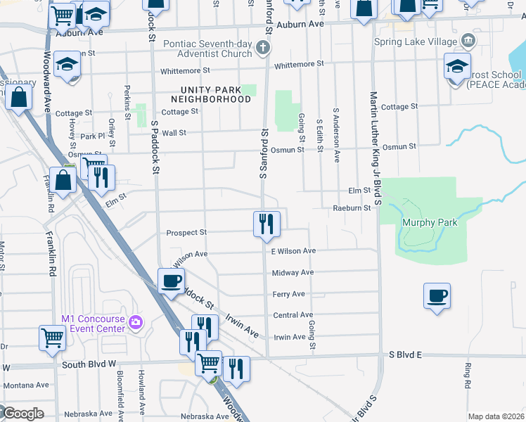 map of restaurants, bars, coffee shops, grocery stores, and more near 435 South Sanford Street in Pontiac