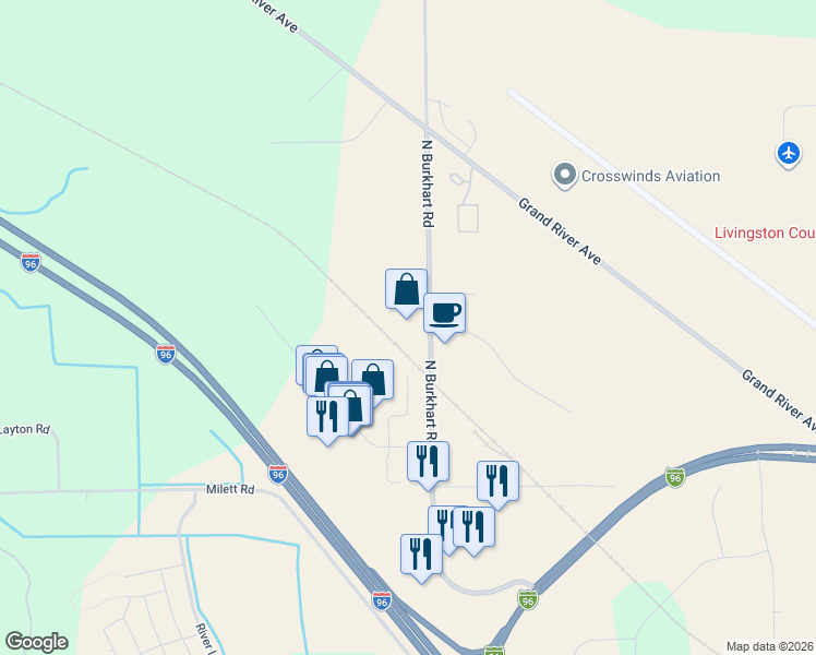 map of restaurants, bars, coffee shops, grocery stores, and more near 1799 North Burkhart Road in Howell